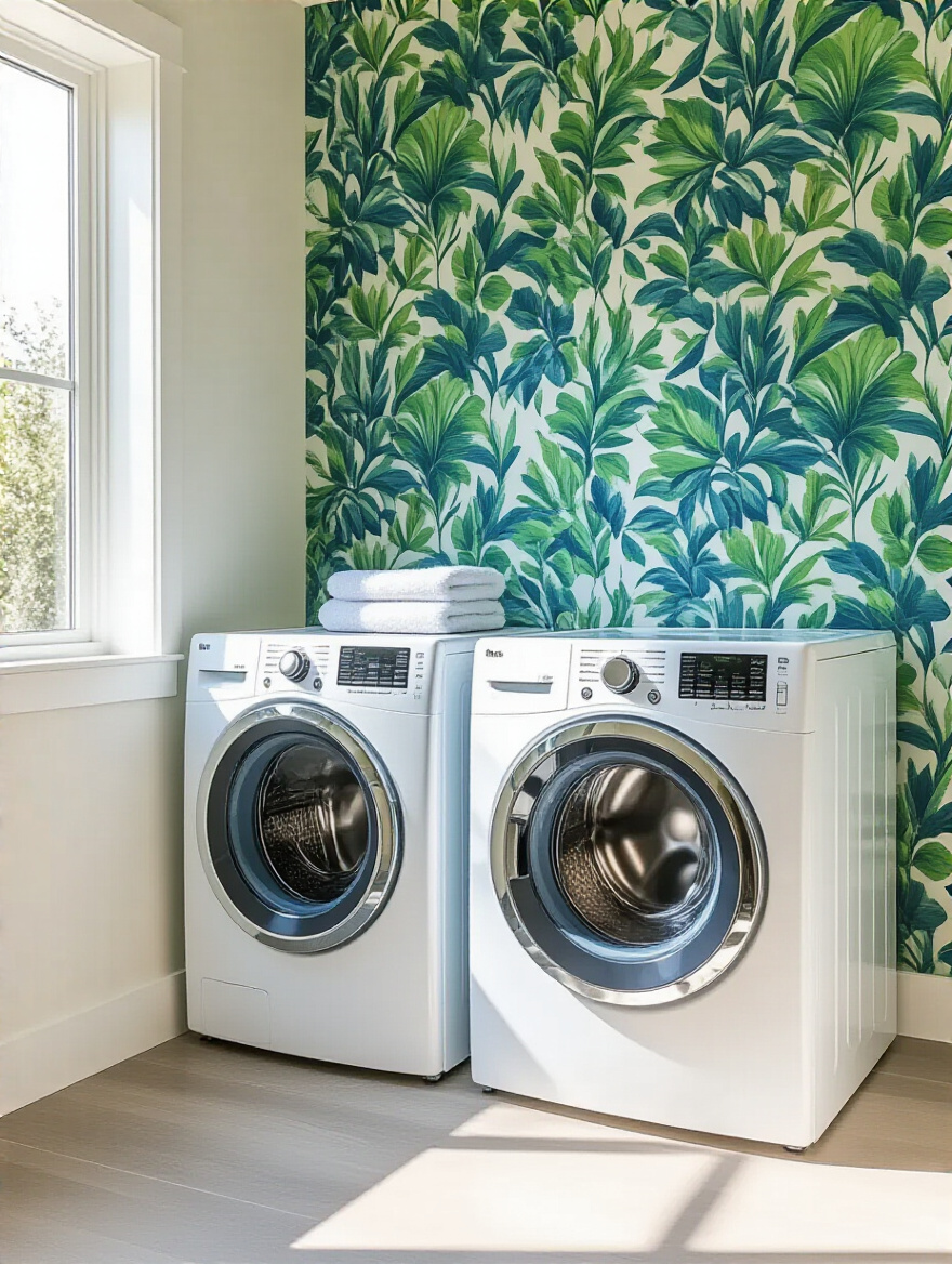 Modern laundry room with a bold botanical accent wallpaper behind white washer and dryer appliances