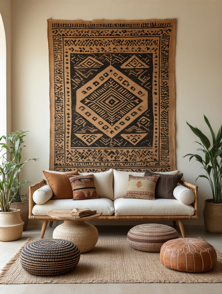 Hand-dyed African mudcloth panel hanging on a boho living room wall with intricate geometric patterns and warm natural lighting