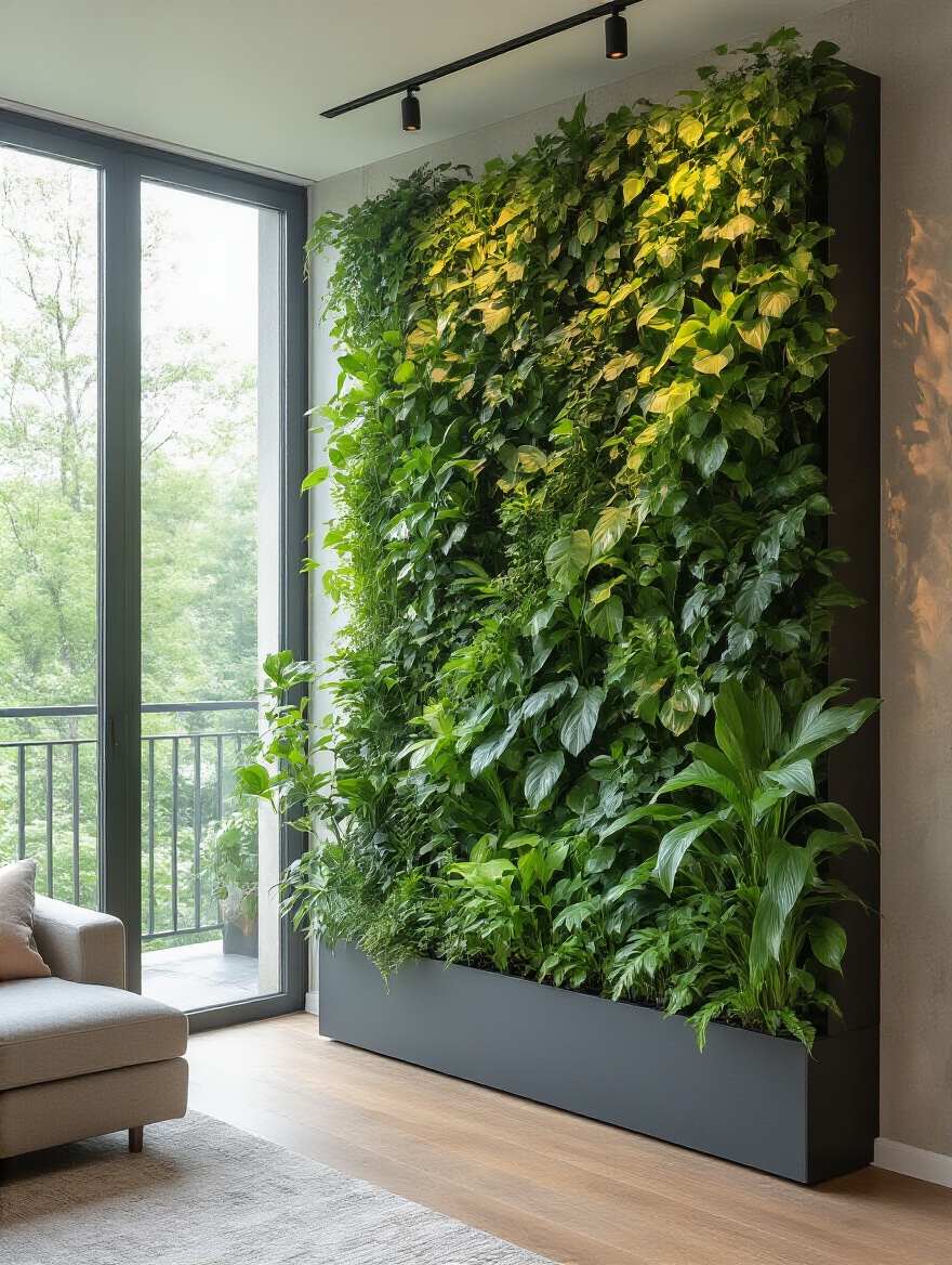 Vertical indoor plant wall in a modern living room creating a fresh and serene atmosphere