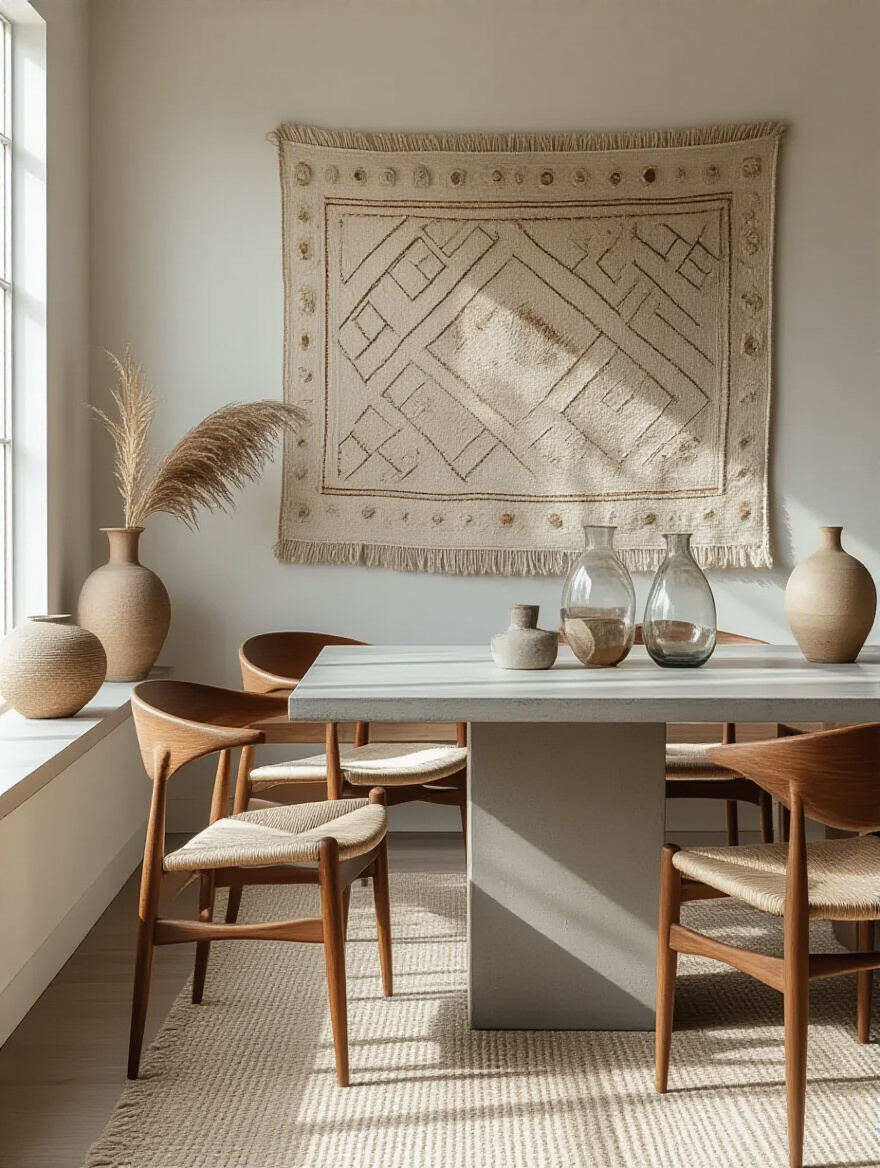Modern dining room with unique curated decor including hand-woven tapestry and hand-blown glass vases on a concrete table
