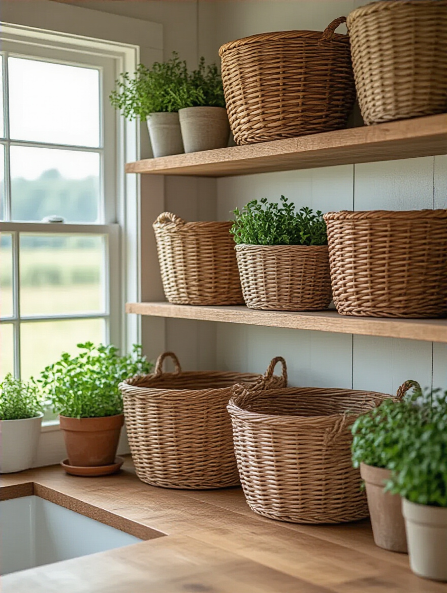 Vintage-inspired baskets on open shelving in a farmhouse kitchen.