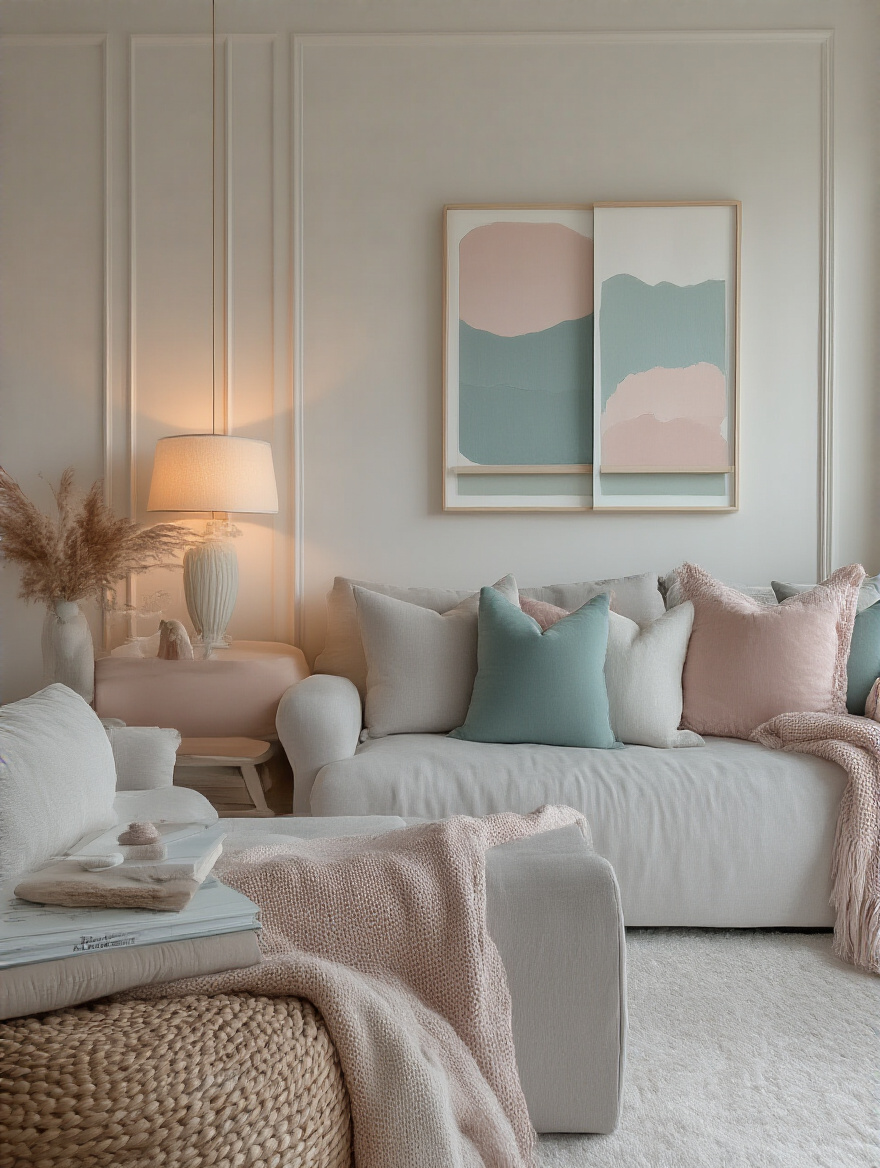 Stylish bedroom with cohesive color palette for wall accents featuring soft white walls, grey furniture, and art in dusty rose and teal.