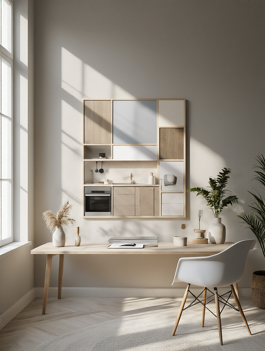 Modern digital mood board on a sleek screen displaying kitchen design elements with natural light and minimalist desk setup