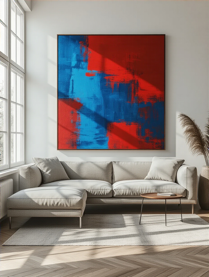 Modern living room with oversized abstract artwork as a statement focal point above sofa, natural lighting
