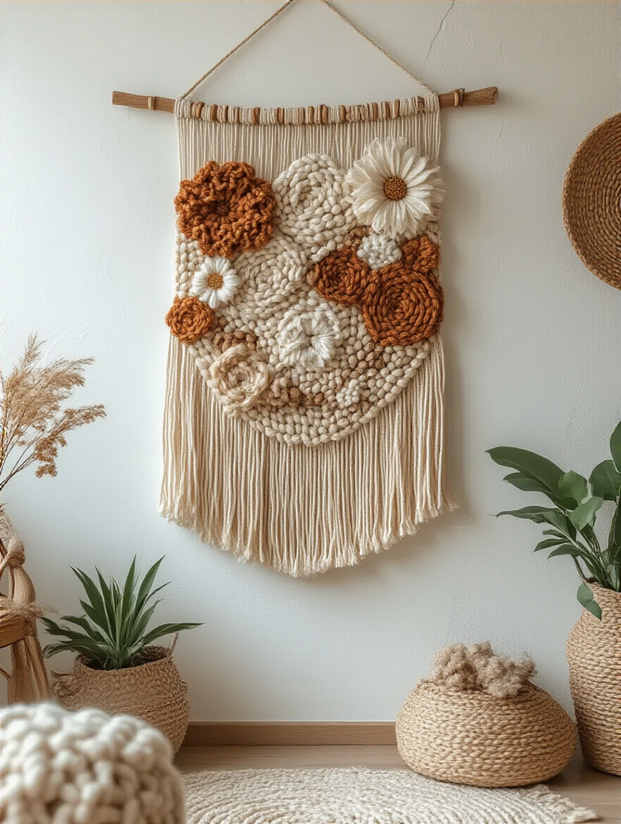 Intricate yarn art hanging on a boho living room wall with natural textures and warm earth tones