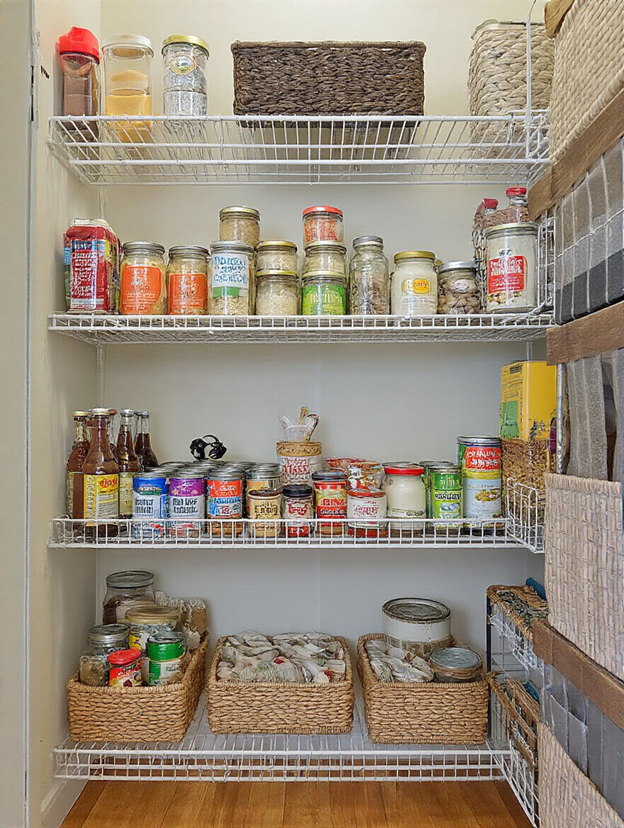 Organized pantry shelves with clear containers and a donation box filled with unopened food items
