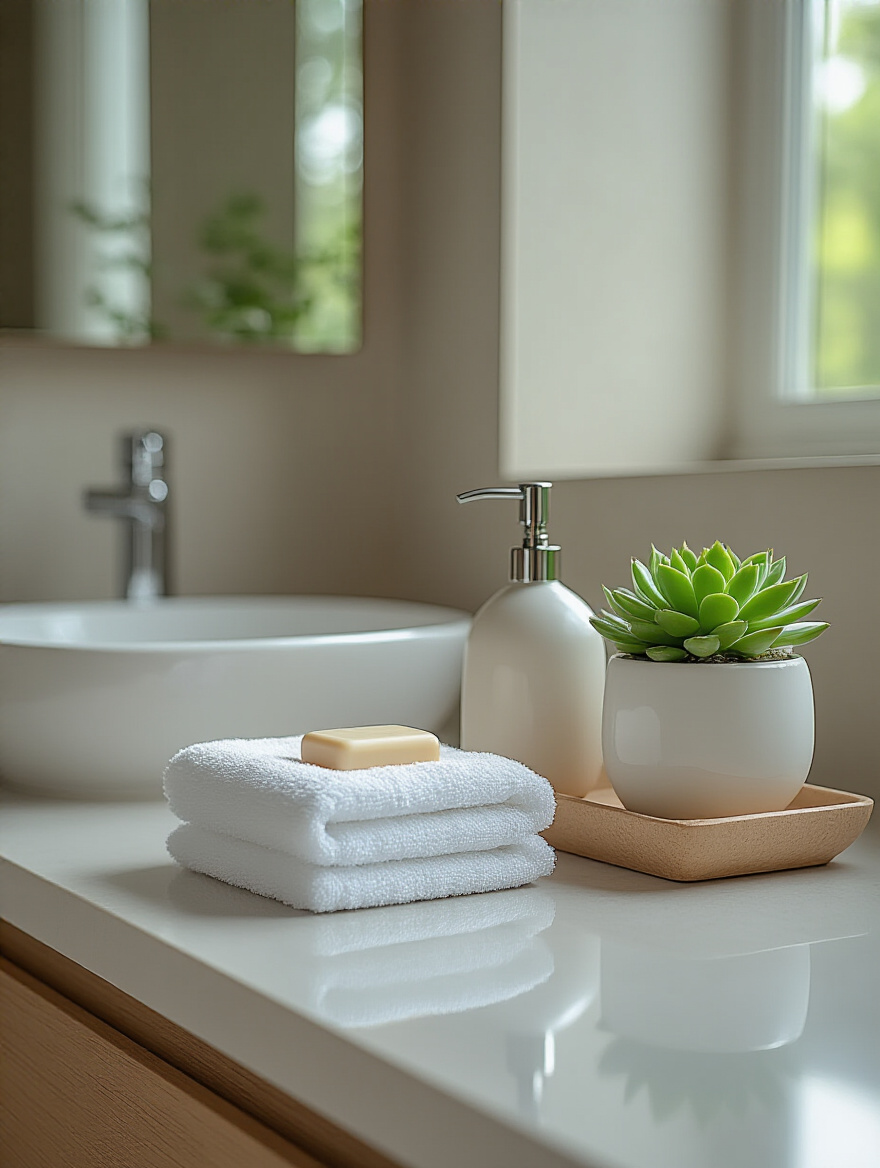 Minimalist bathroom countertop with only essential items neatly arranged on a decorative tray, showcasing a clean and spacious look