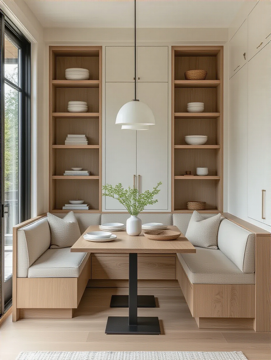 Modern dining room with integrated hidden storage in built-in cabinetry and banquette seating, minimalist design, no people