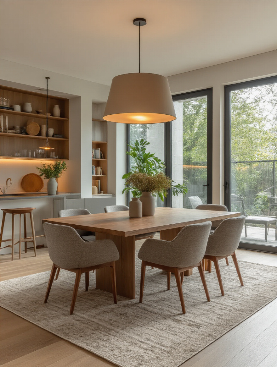 Modern open-concept dining area with defined dining zone using area rug and pendant lighting