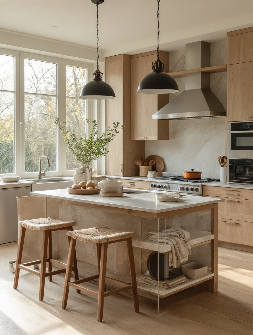 A modern kitchen island designed for cooking, eating, and storage, showcasing elegant appliances and a stylish dining area.