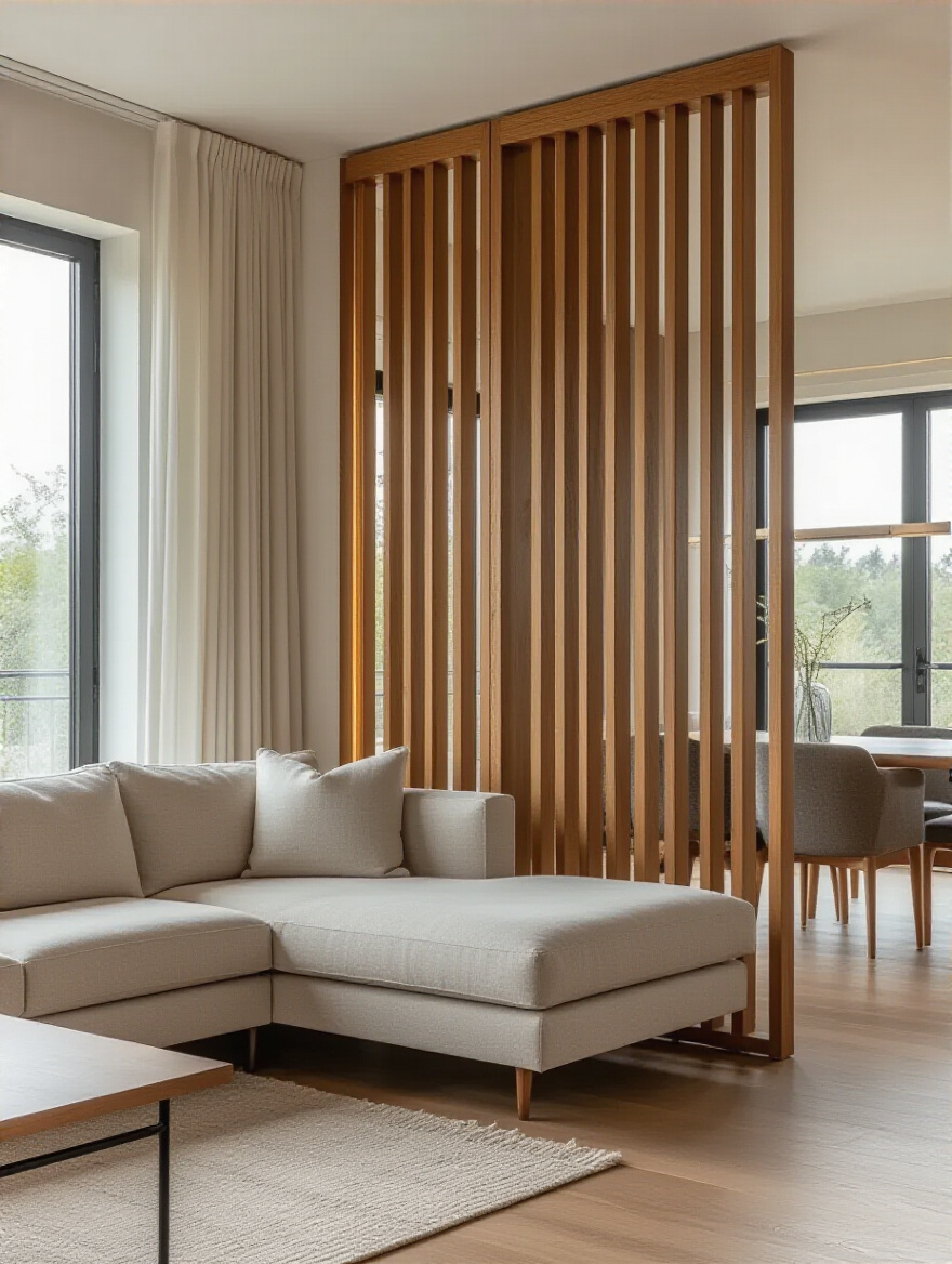 Modern open-concept living room with stylish wooden slatted decorative room divider defining the space