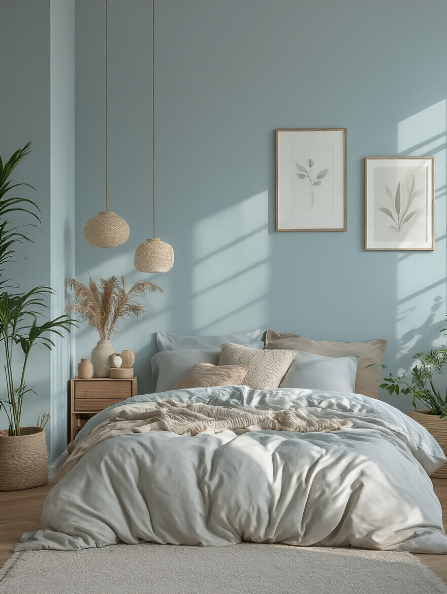 A serene bedroom designed to evoke calmness and tranquility with muted colors and soft lighting.