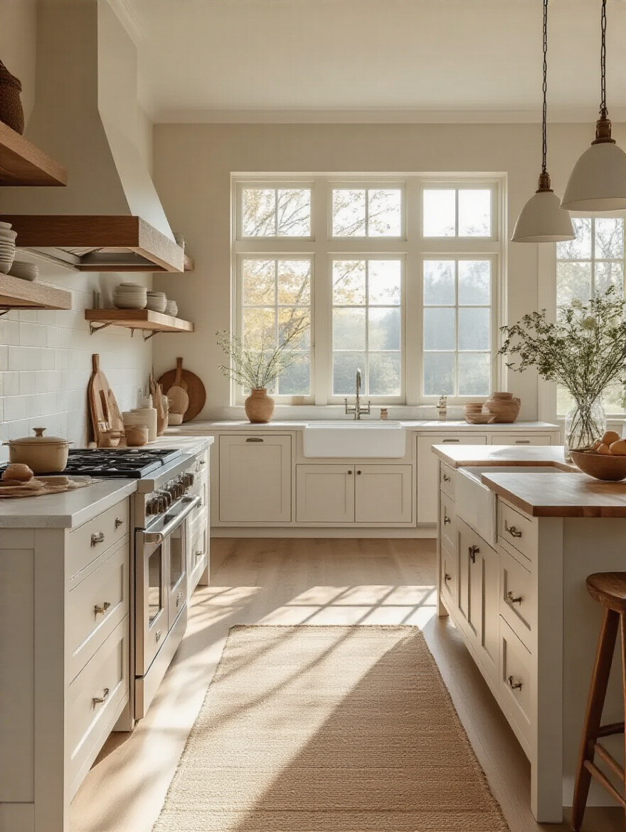 A serene kitchen interior with white shaker cabinets and warm wood accents, designed to create a specific inviting vibe.