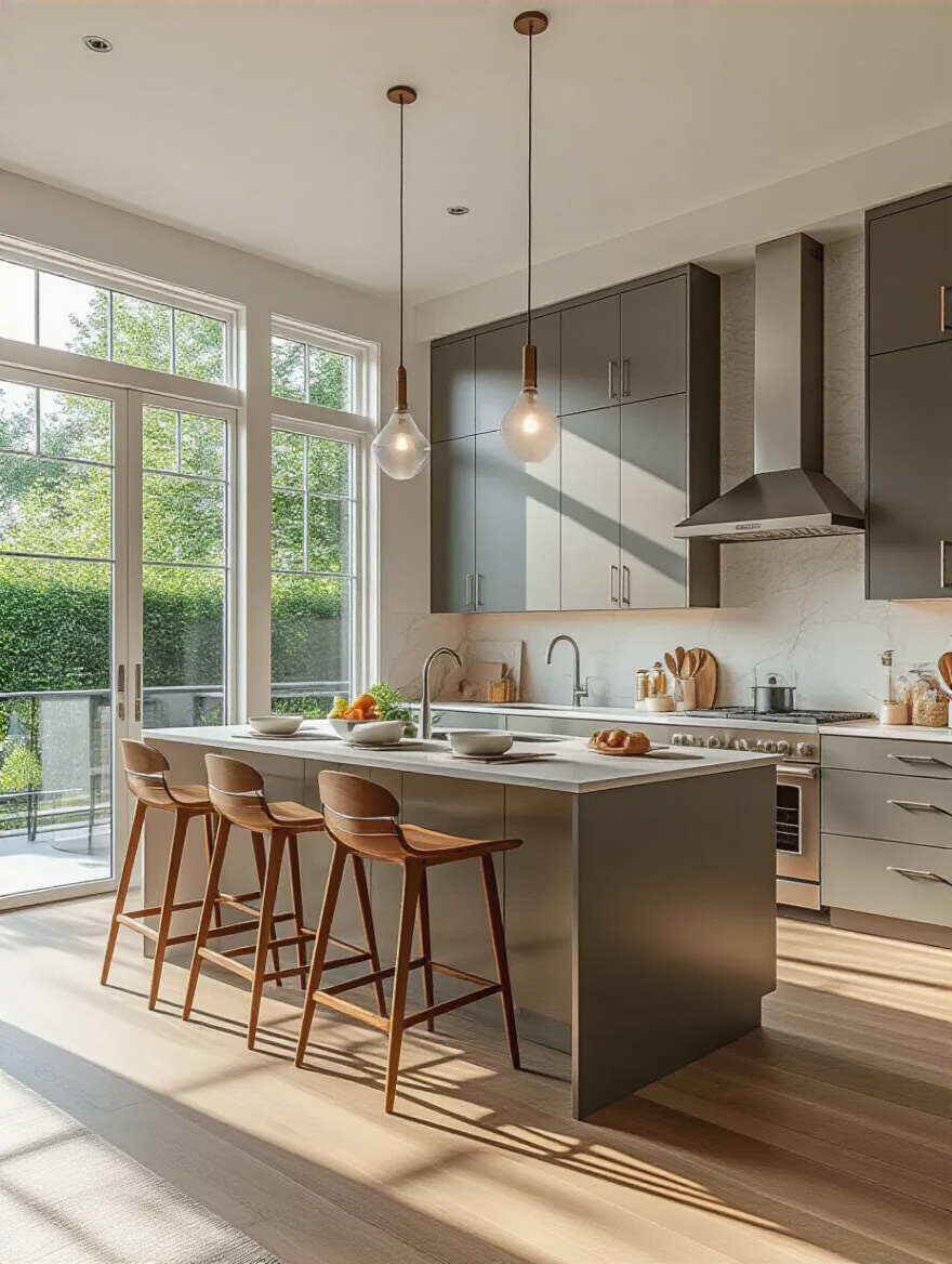 Modern kitchen interior showing defined zones for cooking, prep, and dining with ergonomic kitchen furniture and natural lighting