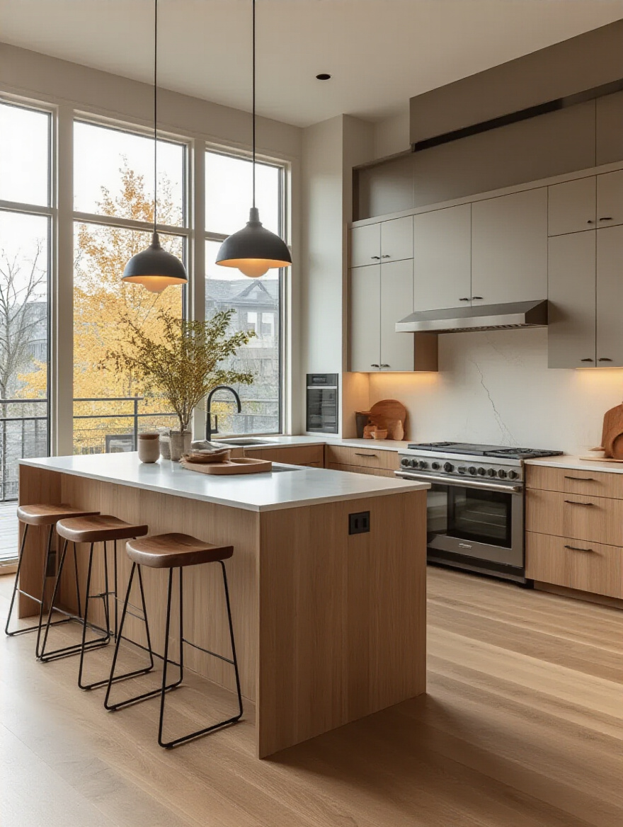 Modern kitchen interior showcasing sleek cabinetry, natural materials, and minimalist design with warm natural lighting