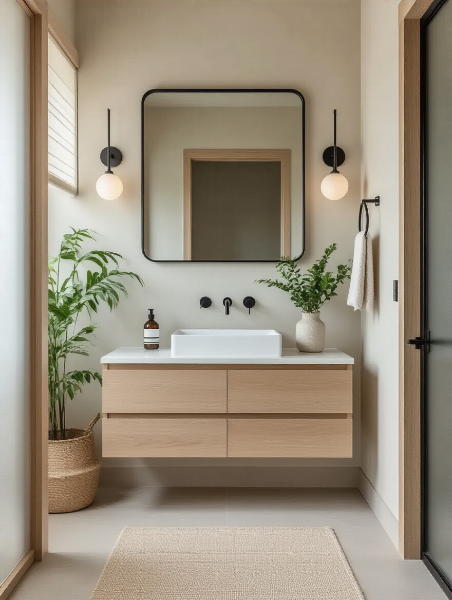 Cohesive modern bathroom interior showcasing a defined personal aesthetic with minimalist design and natural lighting