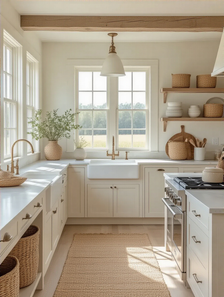 Bright farmhouse kitchen with a timeless white and neutral color palette.