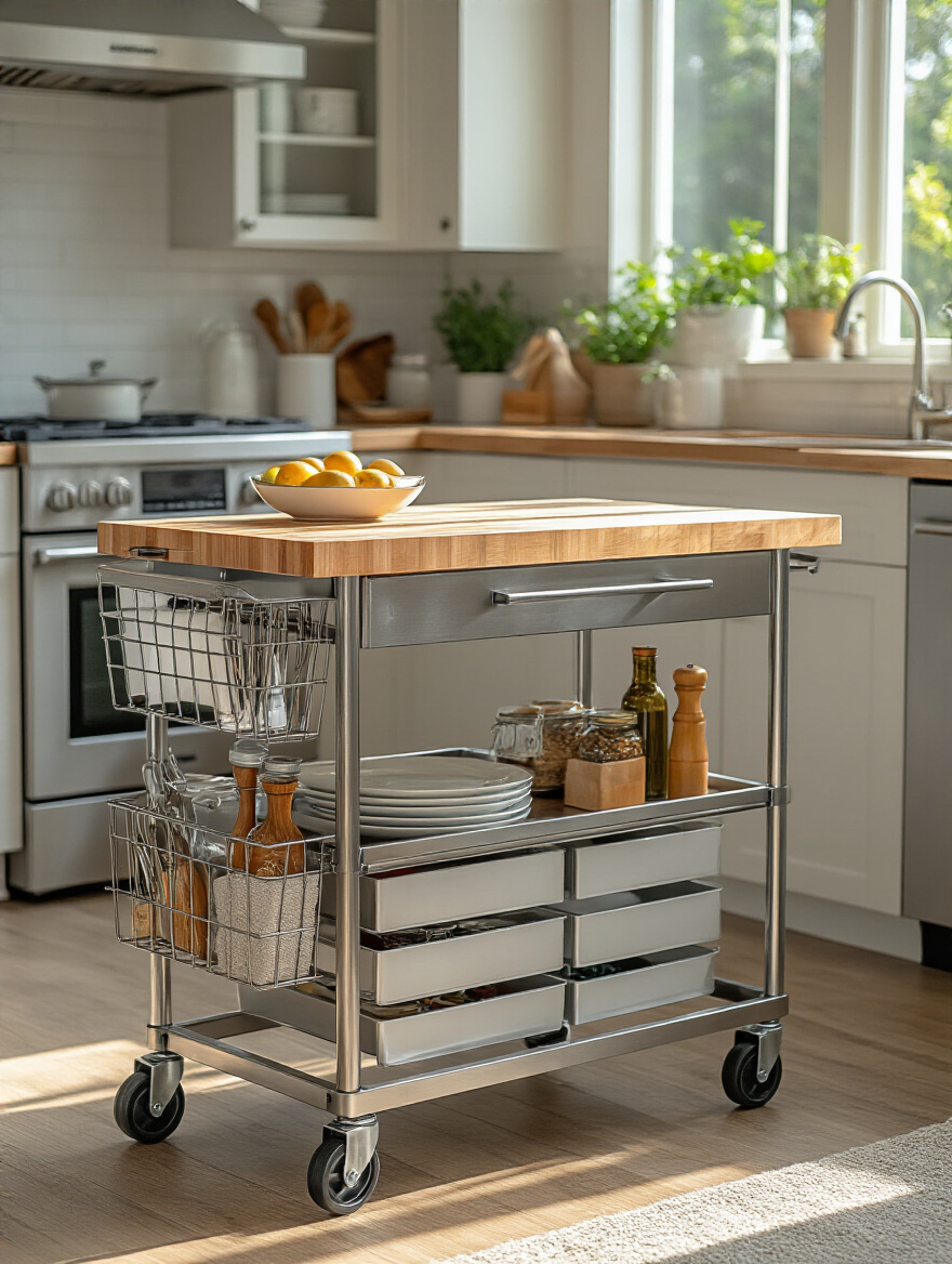 Modern kitchen with a butcher-block rolling cart used as a portable prep zone, showing drawers and lockable wheels