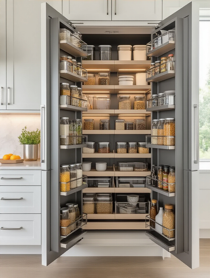 Modern kitchen smart pull-out pantry system extended showing organized ingredients and containers