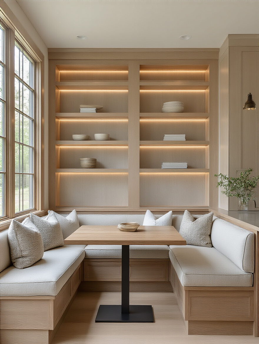 Modern dining room with built-in millwork featuring custom cabinetry and integrated banquette seating with upholstered cushions