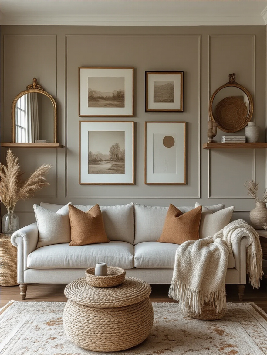 Cohesive themed living room wall decor layout with artwork, mirrors, and shelving