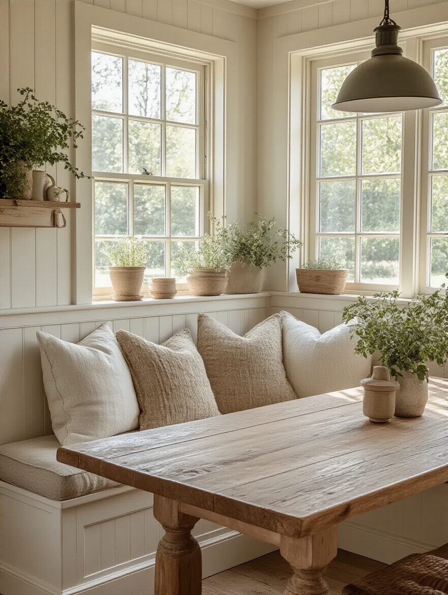 Cozy built-in banquette in a farmhouse kitchen with soft cushions and rustic decor.