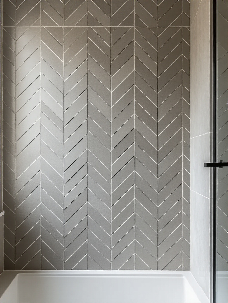Modern bathroom wall with grey porcelain chevron tile pattern creating unique texture and depth