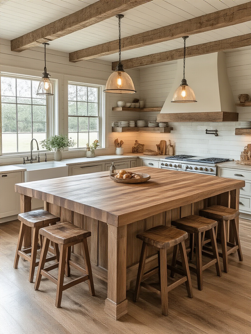 Large central kitchen island in a cozy farmhouse kitchen
