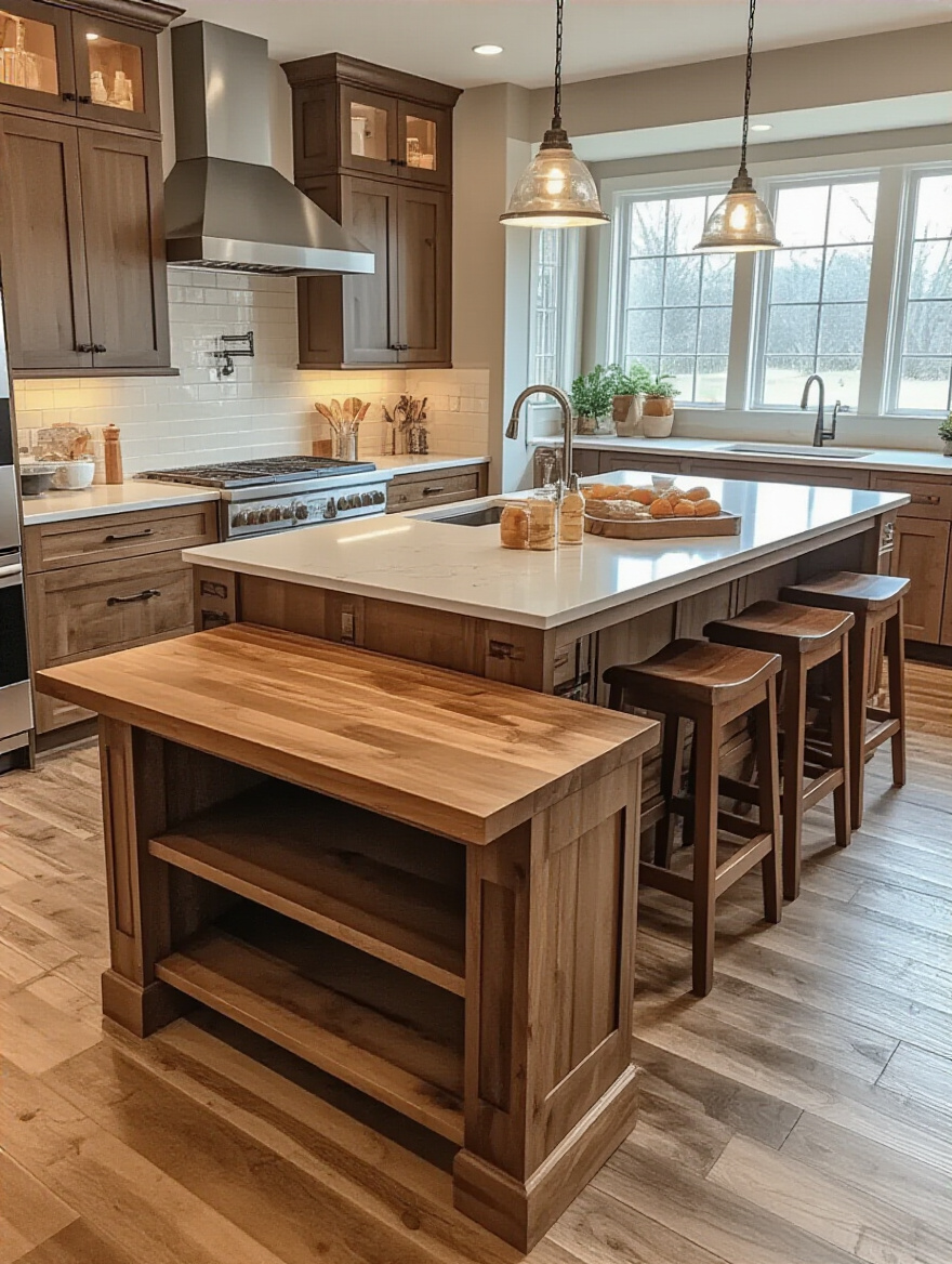 Multi-level kitchen island with distinct functional zones in a modern kitchen