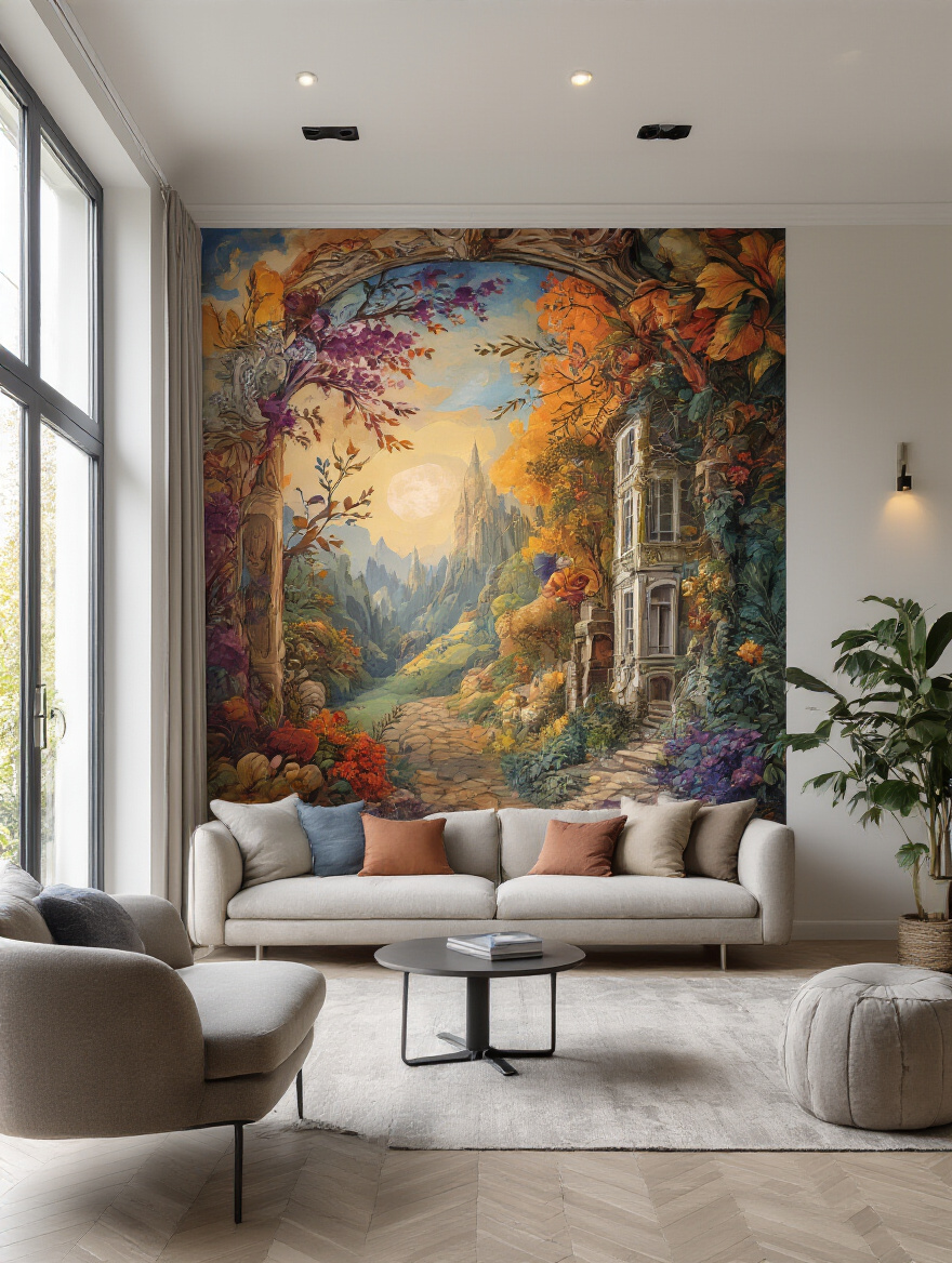Living room featuring a vibrant, custom wall mural as the focal point with modern furniture and warm lighting