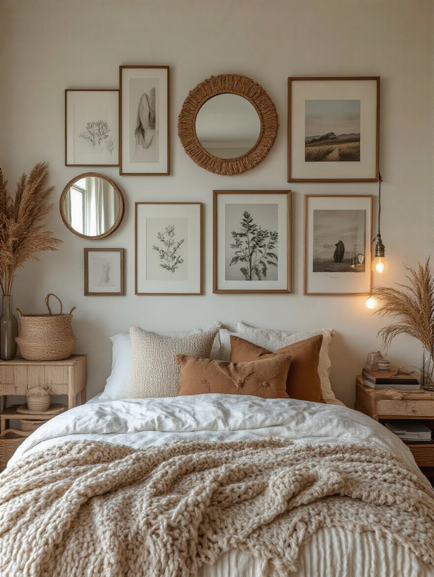 Gallery wall with mixed media in a cozy bedroom