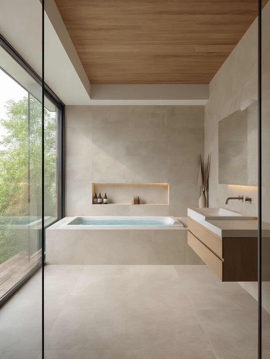 Modern open-concept bathroom with wet room shower, freestanding tub, and seamless material design showcasing enhanced spatial flow and natural lighting
