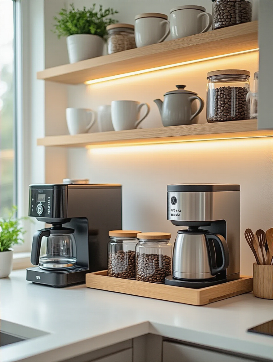 Organized coffee and tea bar setup with modern appliances and storage in a kitchen corner