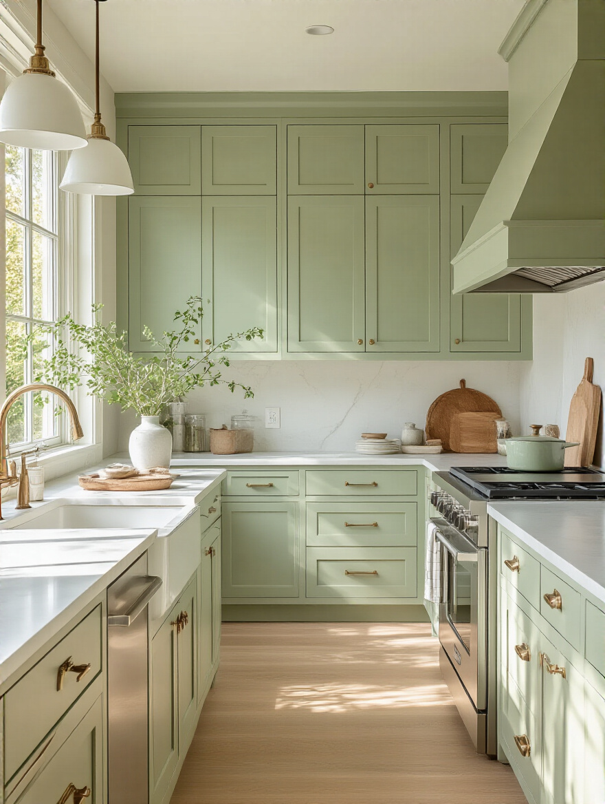 A calming kitchen featuring soothing green cabinets and natural light.