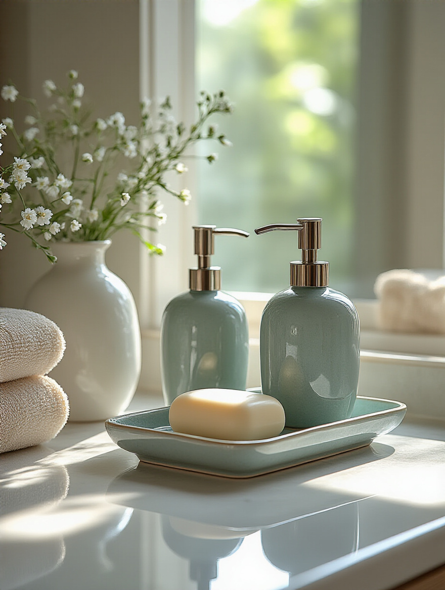 Elegant soap dispenser and tray set displayed on a modern bathroom vanity with soft natural lighting