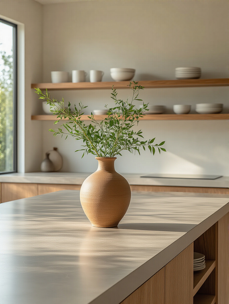 Modern minimalist kitchen with an uncluttered countertop and a single large ceramic vase as a statement piece