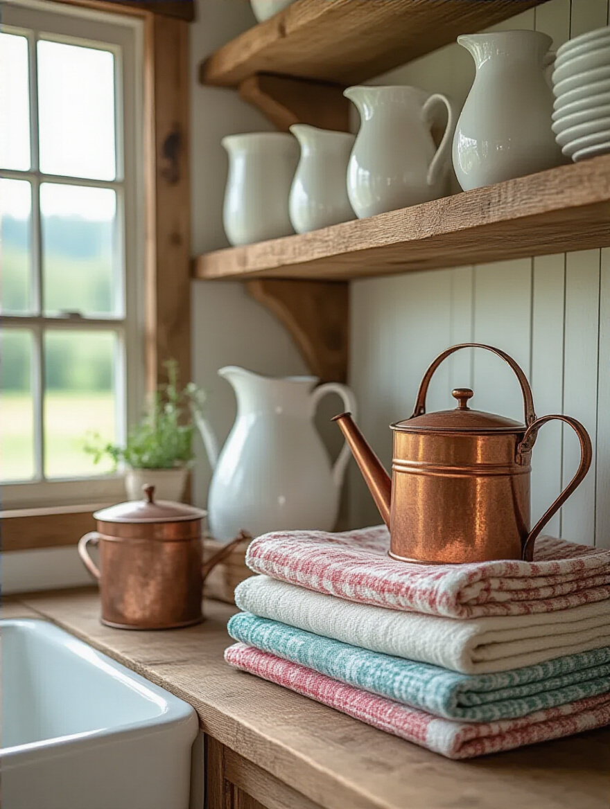 A rustic farmhouse kitchen with decorative practical items on display.