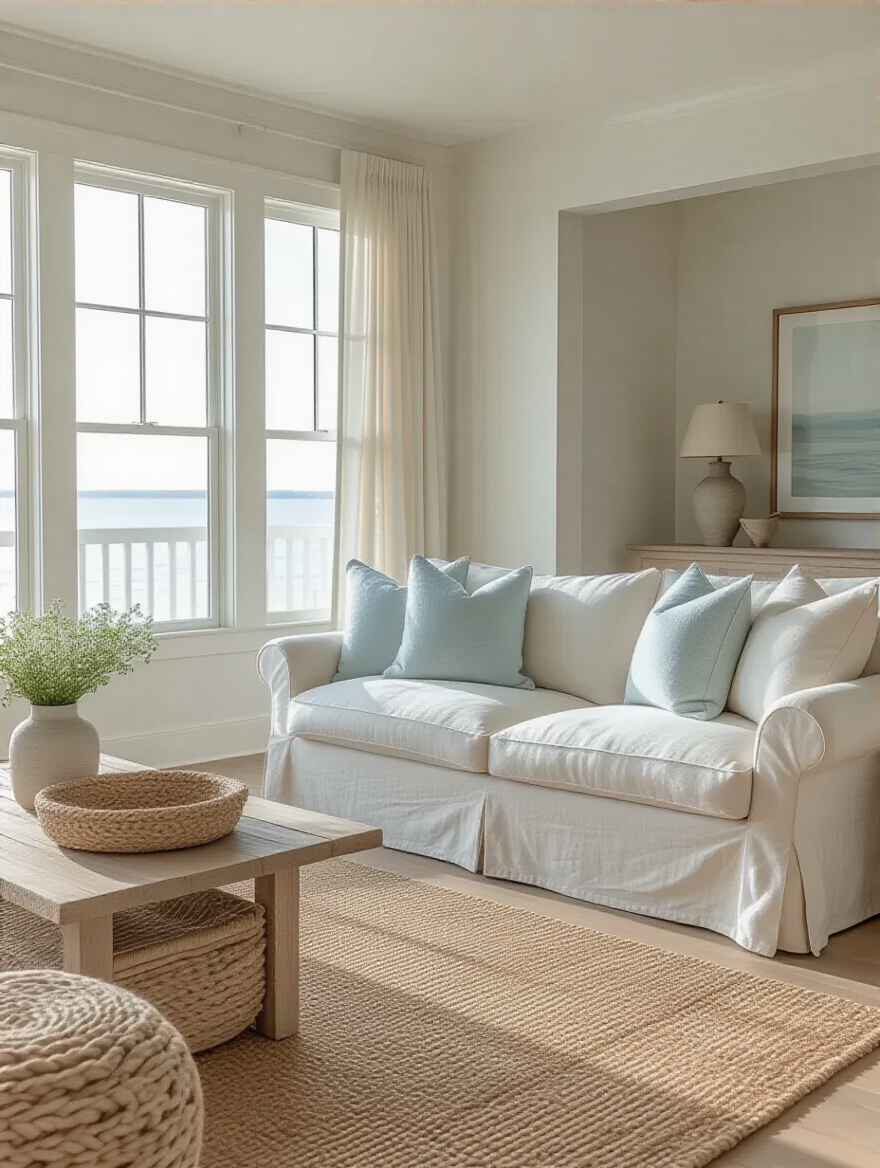 Serene coastal living room with a tranquil color palette of whites, blues, and greens.