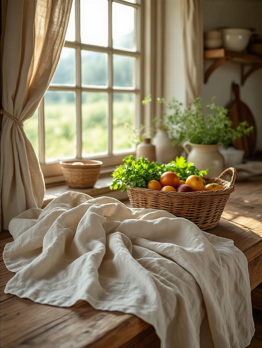 Cozy farmhouse kitchen with linen tablecloth and cotton dish towels