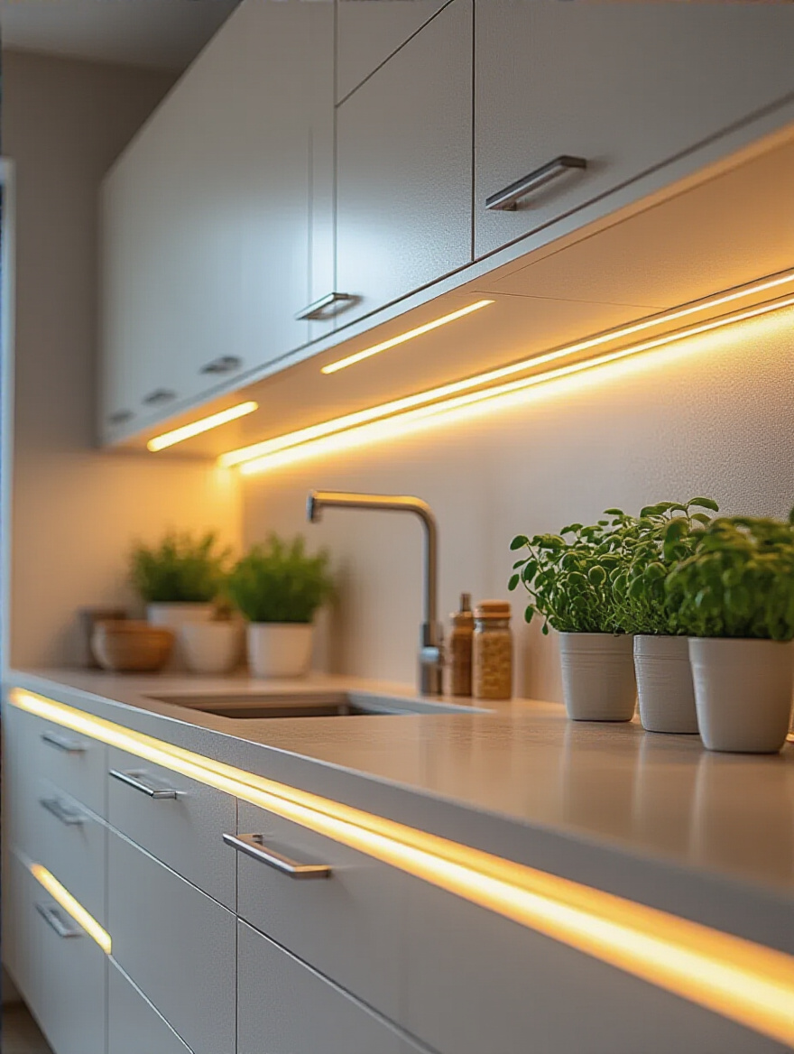 Modern kitchen showcasing under-cabinet LED lighting illuminating countertops.