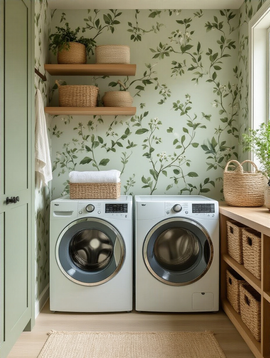 Laundry room with botanical motifs wallpaper featuring leaves and flowers, natural light, and wooden shelves for a serene indoor outdoor feel