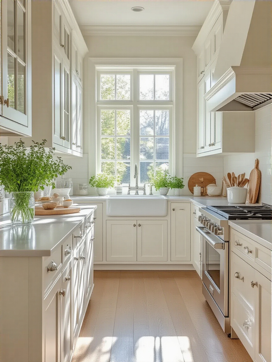 A bright and airy kitchen featuring classic white cabinets and natural light.
