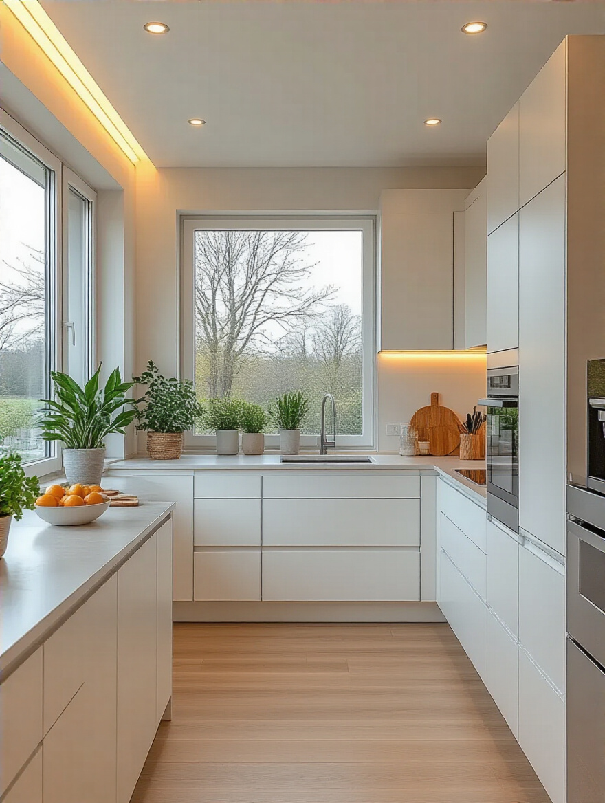 Modern kitchen with sleek handle-less cabinetry featuring seamless lines and matte white finish