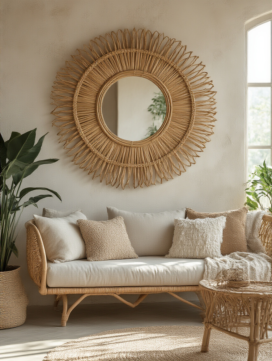 Boho living room with a large rattan sunburst mirror hanging above a sofa, natural light illuminating the space