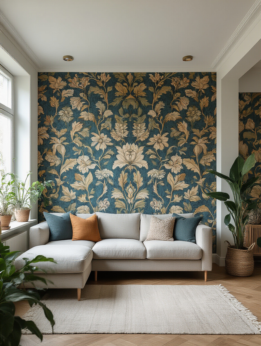 Living room interior featuring a full wall with bold botanical removable wallpaper, showcasing pattern and texture with modern decor and natural lighting