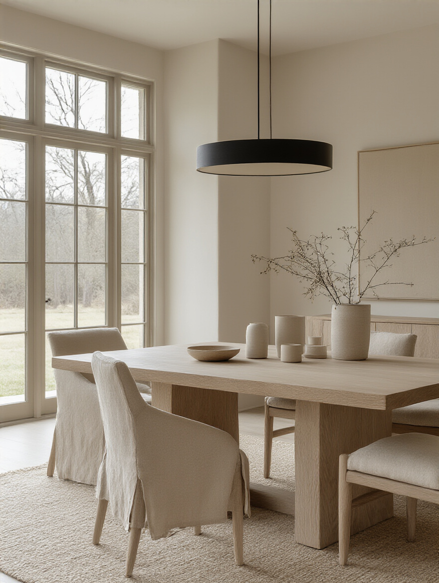 Modern dining room with sophisticated neutral palette, off-white walls, natural wood dining table, and soft lighting creating a serene ambiance