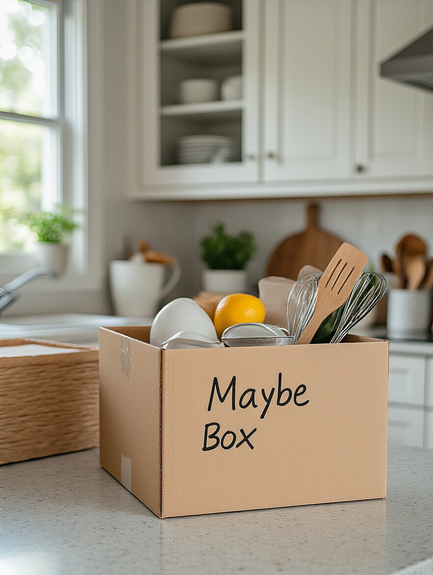 Portrait photo of a labeled 'Maybe Box' on a clean kitchen countertop, illustrating transitional clutter management.