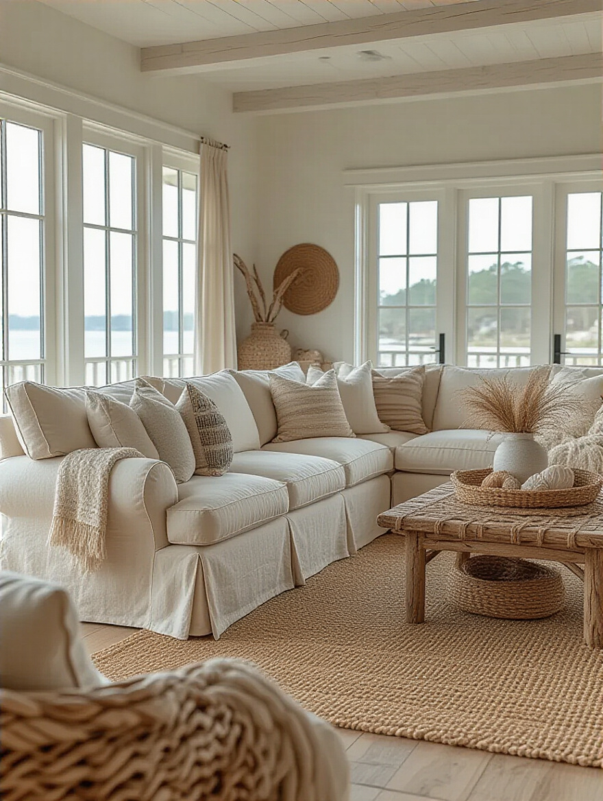 Coastal living room with slipcovered furniture, natural lighting, and coastal decor.
