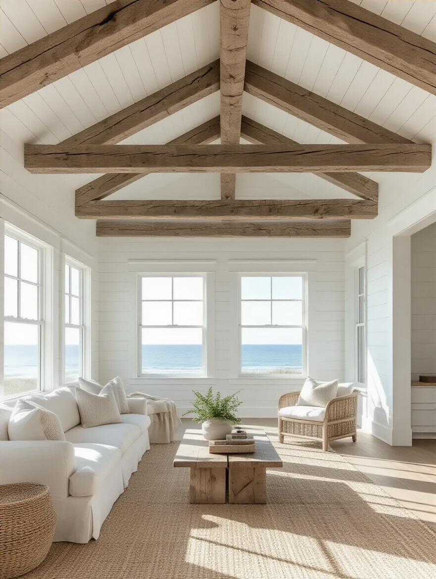 Coastal living room featuring distressed wood beams and bright natural lighting