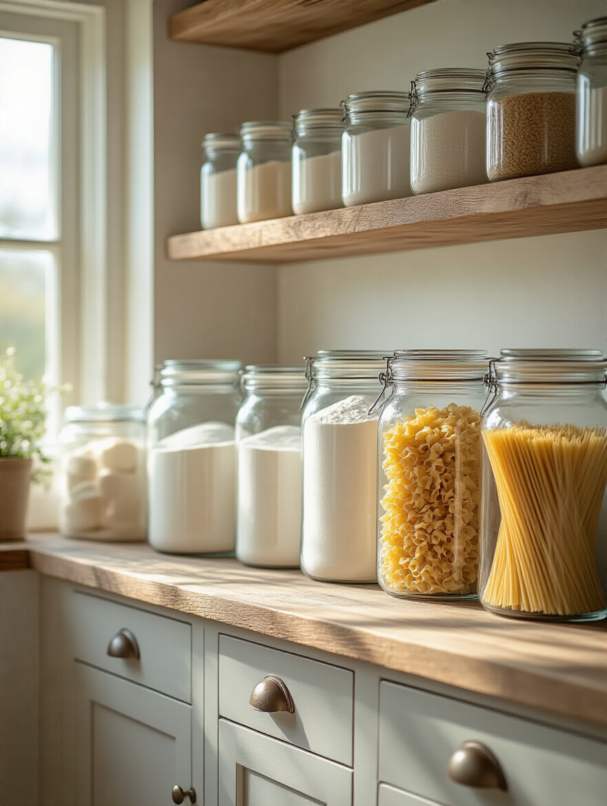 A collection of clear glass apothecary jars filled with pantry staples in a farmhouse kitchen setting.